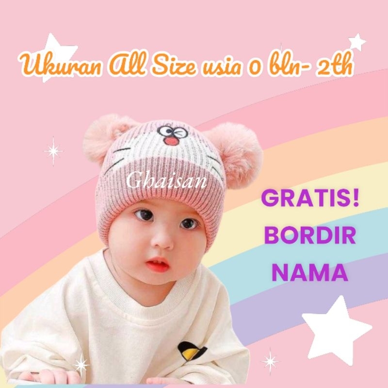 Topi Kupluk Doraemon Gratis Bordir Nama Topi Kupluk Bayi Laki-laki Perempuan Usia 0 bulan- 2 tahun