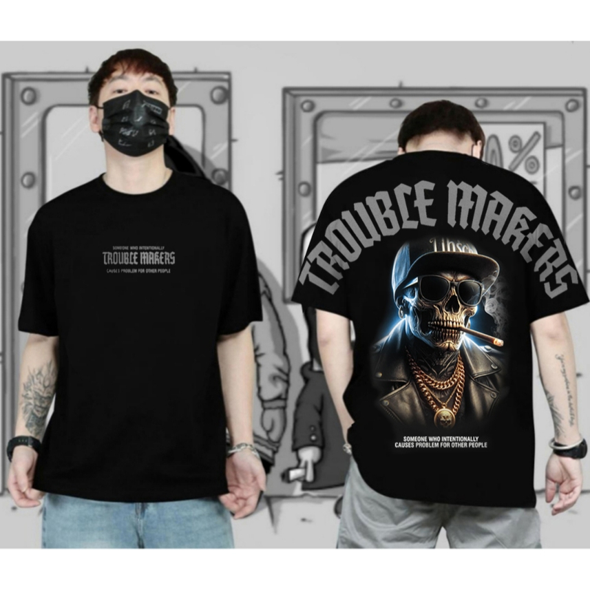 Kaos Distro pria Kaos Motif Skull Trouble Makers Hitam Baju Kaos Lengan Pendek Keren Kaos Kata Kata 
