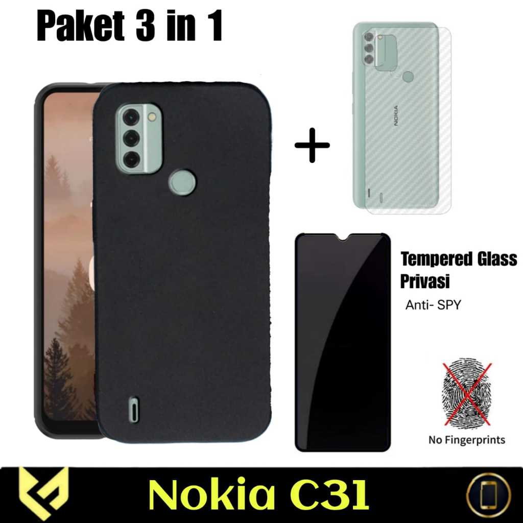 Promo Paket 3IN1 Case NOKIA C31 Soft Case Black Free Tempered Glass  Layar & Garskin Carbon Pelindun