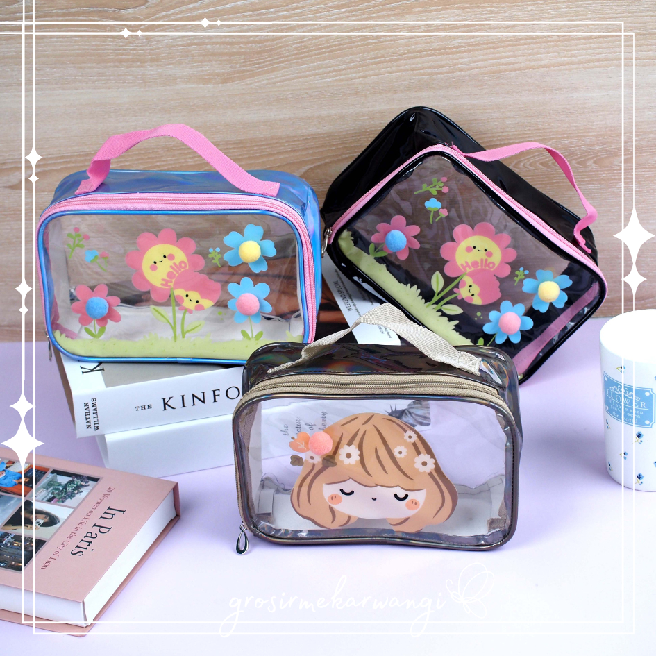 Tas Serbaguna Pompom Dompet Tas Tenteng Girl Flower Hologram Transparan Motif Karakter Pouch Besar T