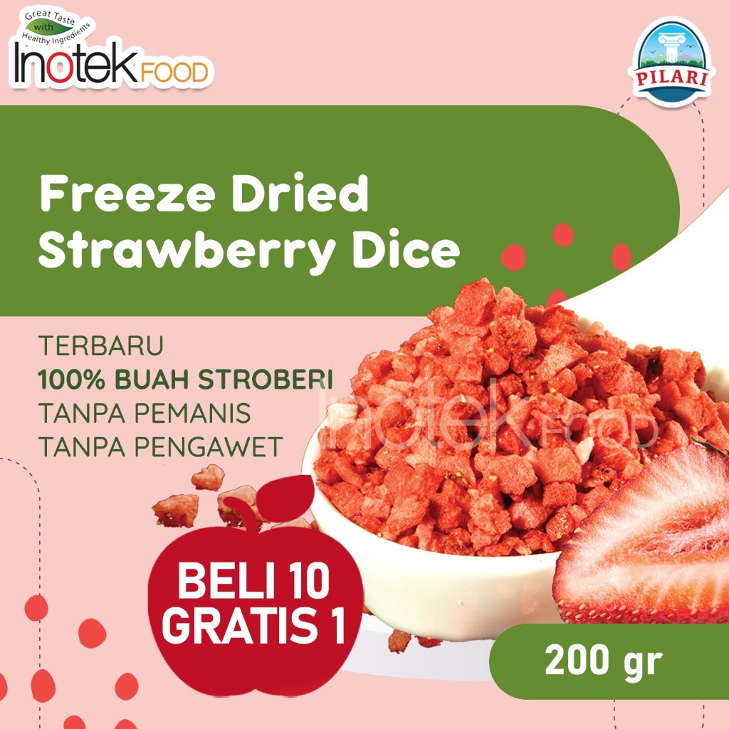 

SPECIAL FREE 1 pack setiap pembelian 10 pack FREEZE DRIED STRAWBERRY DICE @200GR - Buy 10 get 1 Free