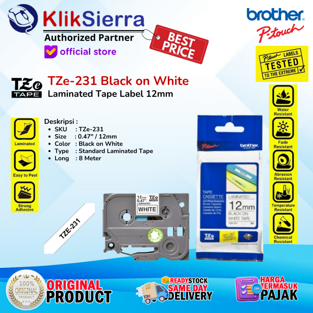 BROTHER ORIGINAL Tape 12mm TZe-131 TZe-231 TZe-431 TZe-531 TZe-631 TZe-731 TZe-335 Label Waterproof
