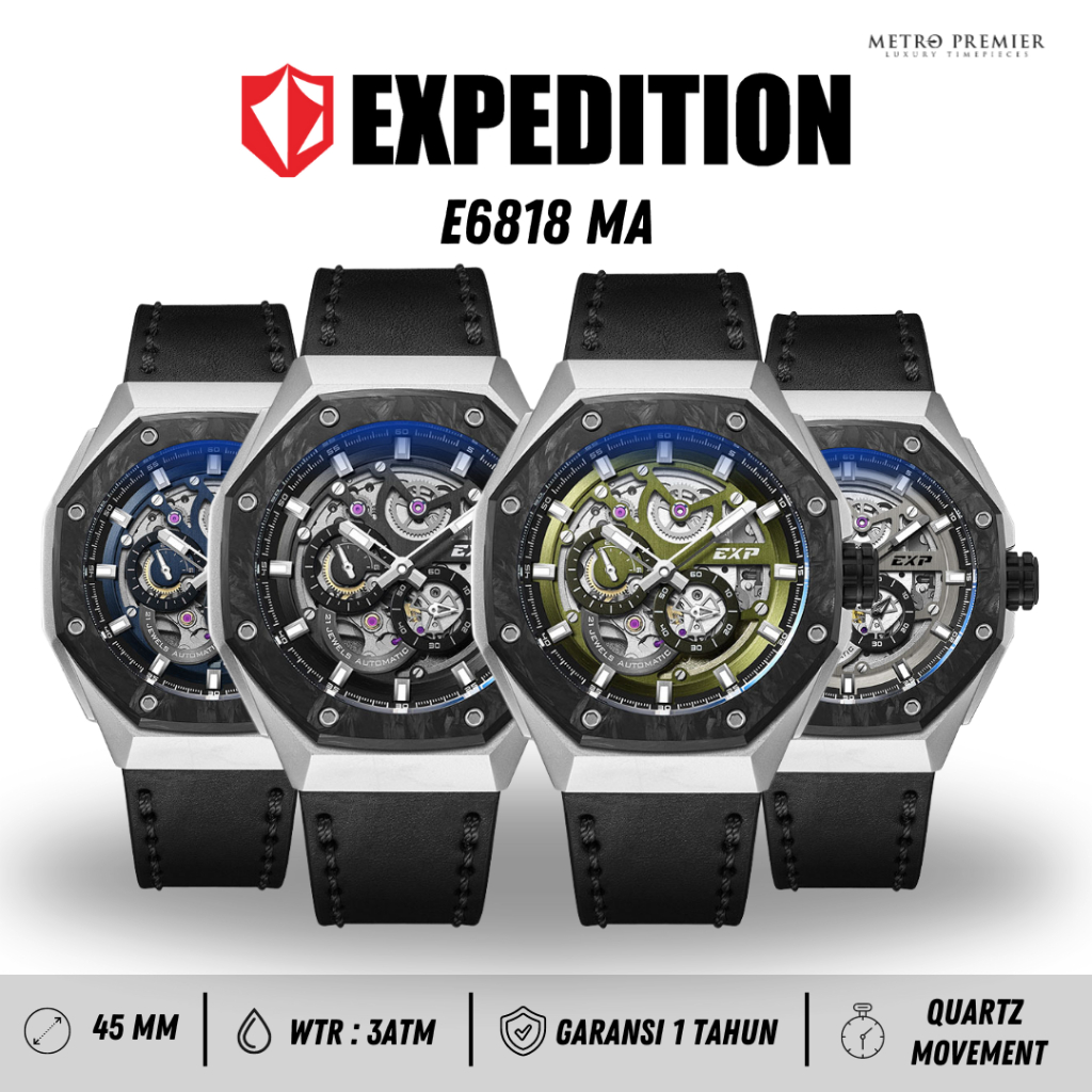 Jam Tangan Expedition Pria E6818 EXP 6818 Automatic Leather Strap Original & Garansi Resmi  1 Tahun 