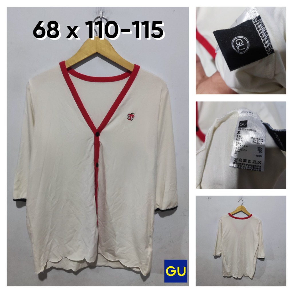 Cardigan GU by Uniqlo Ivory Lis Merah V Neck Size S Pria Wanita Atasan Outer Sweatshirt Lengan Tangg