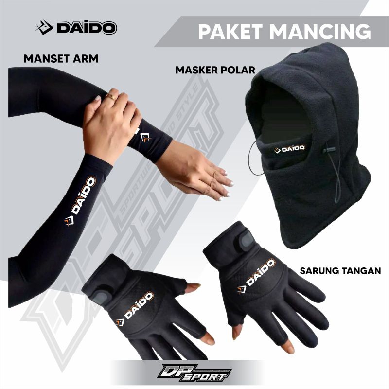 Paket 3 in 1 Sarung Tangan Mancing, Deker Tangan Daido Mancing Dan Sarung Tangan Mancing
