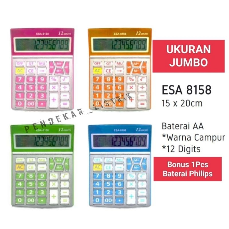 

Kalkulator Jumbo 12 Digit ESA-8158 Warna (Bonus 1 Baterai Philips AA)