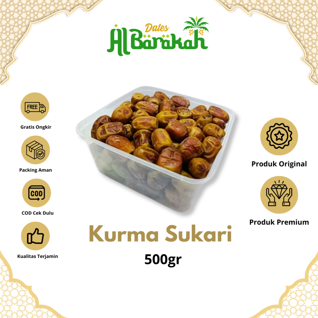 

Kurma Sukari Premium Kemasan 500gr Asli Timur Tengah Tebal Manis dan Lembut Oleh Haji dan Umroh