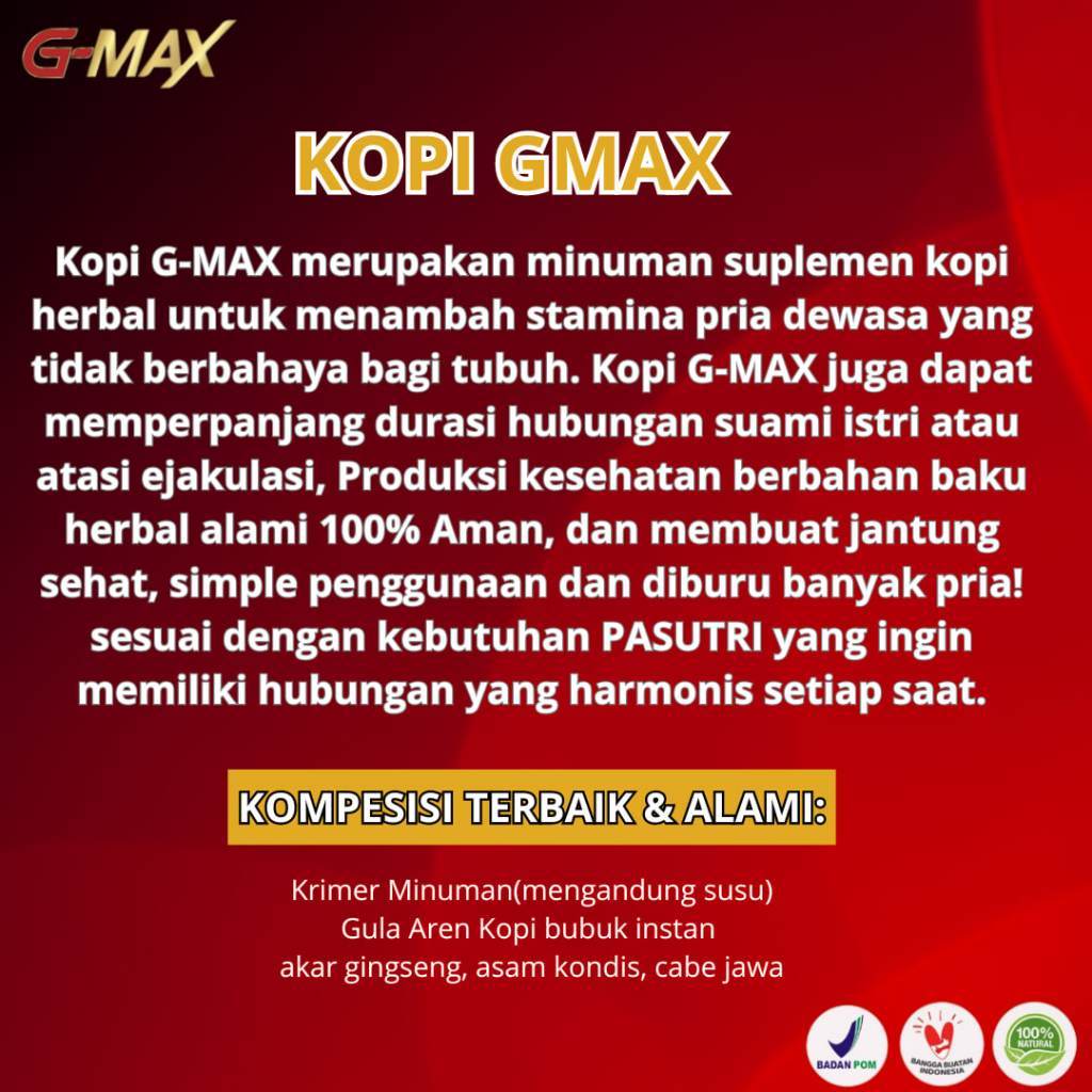 

Kopi G Max Original - Kopi Kuat Tahan Lama Tingkatkan Stamina Pria Dewasa & Bertenaga Diatas Ranjang Penambah Kejantanan Dan Vitalitas Pria BPOM