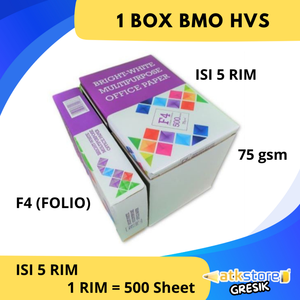 KERTAS HVS BMO Kertas  F4 75 FOLIO GSM 1 BOX/5 RIM  Kertas Print Fotocopy Kertas Cetak Fotokopi Teba