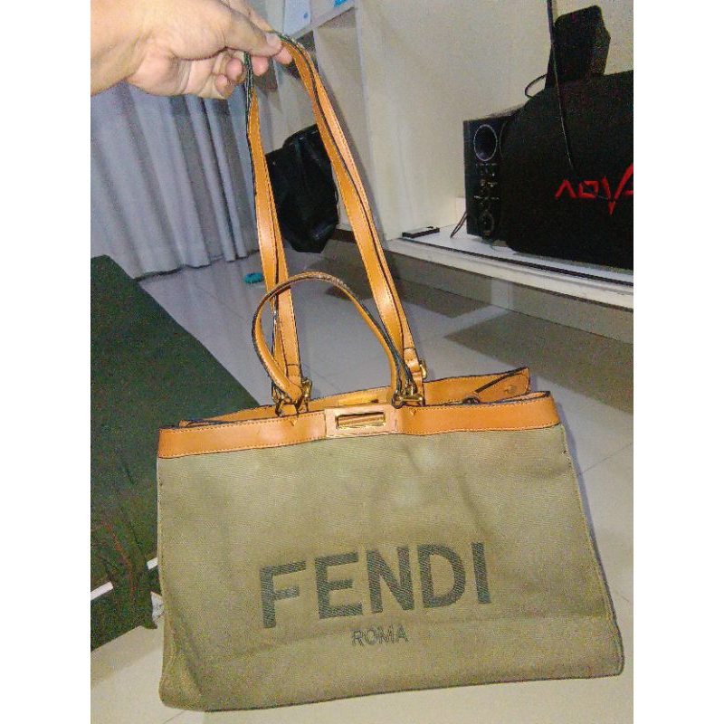 (Preloved Pedas) Fendi** Peekabo X Large Canvas Leather Lining Tote Bag