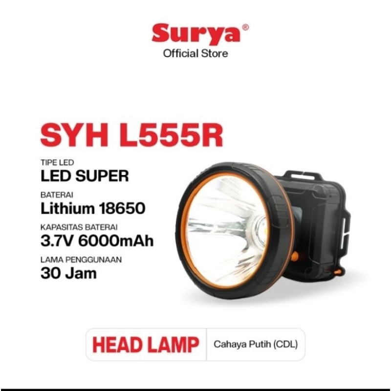 SURYA Senter Kepala HeadLamp Putih 55W 55Watt 55 W Watt SYHL555R SYH L 555 R 555R L555R Cas Recharge