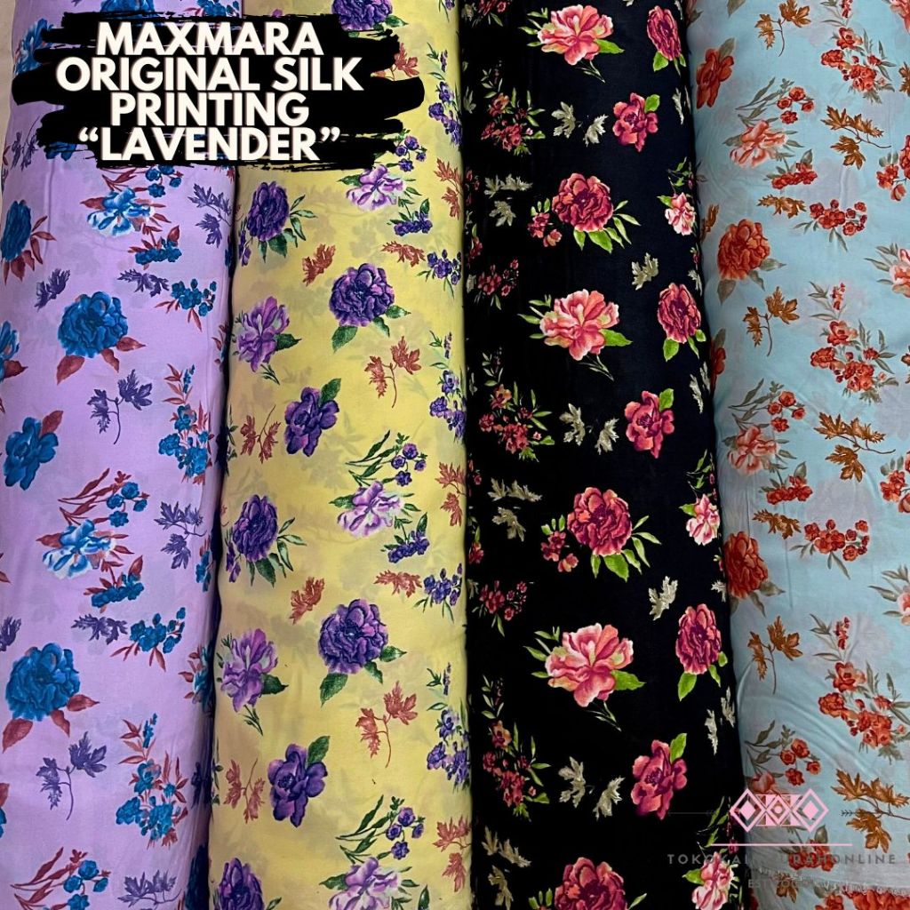 Kain Satin Maxmara Original 100% Printing Motif Lavender Kembang Silk 2024 Kilap Polos Premium Silk