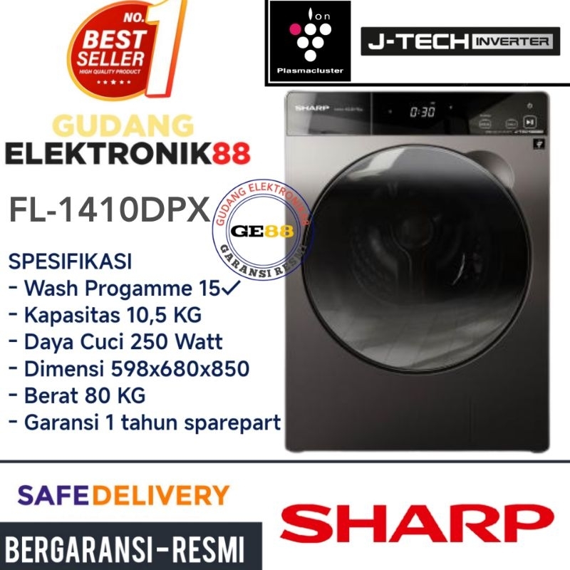 Mesin Cuci SHARP 1 Tabung 10.5 KG Wash & Dry ES-FL1410DPX Front Loading Low Watt Murah Promo Gratis 