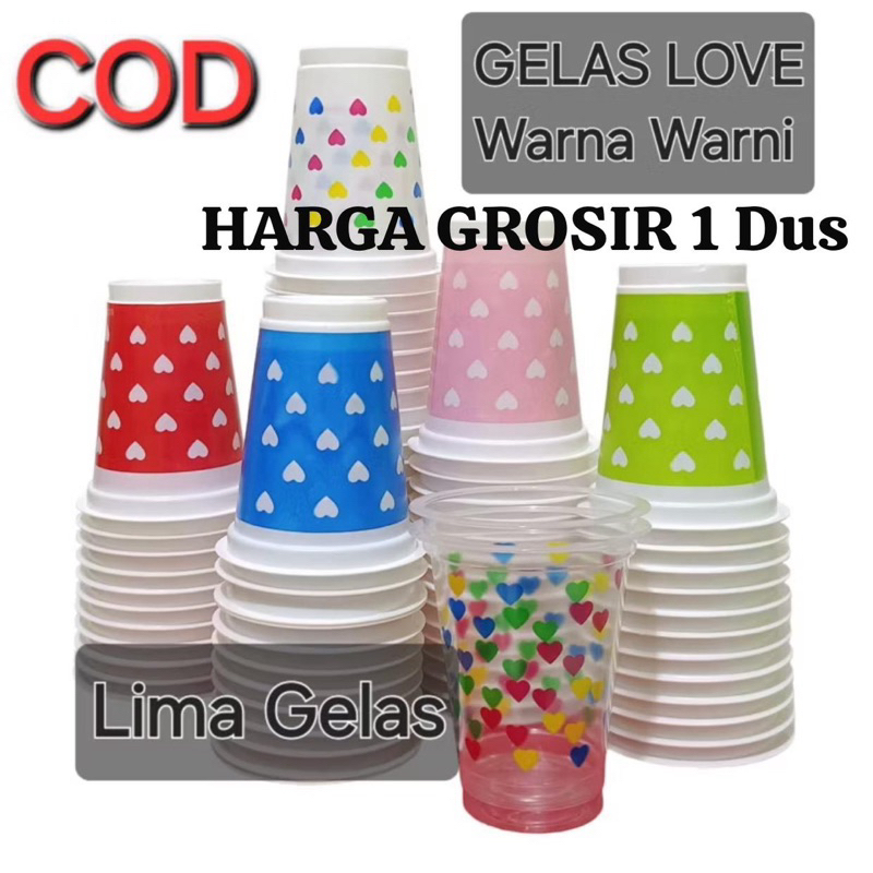 (1 Dus Harga Grosir ) Gelas Plastik 220ml Love/Gelas Plastik Love Warna/Gelas Love Isi 40 Slop