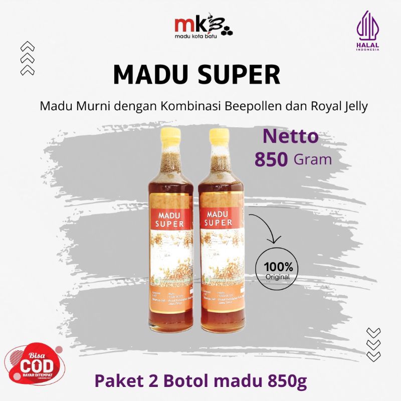 

Madu Kota Batu | Paket 2 Botol Madu Super 3IN1 (Madu, Beepollen dan Royal Jelly) Asli Murni