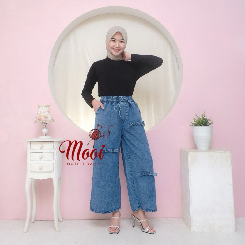 MOOI Kulot ribbon jeans / celana kulot pita free size jumbo