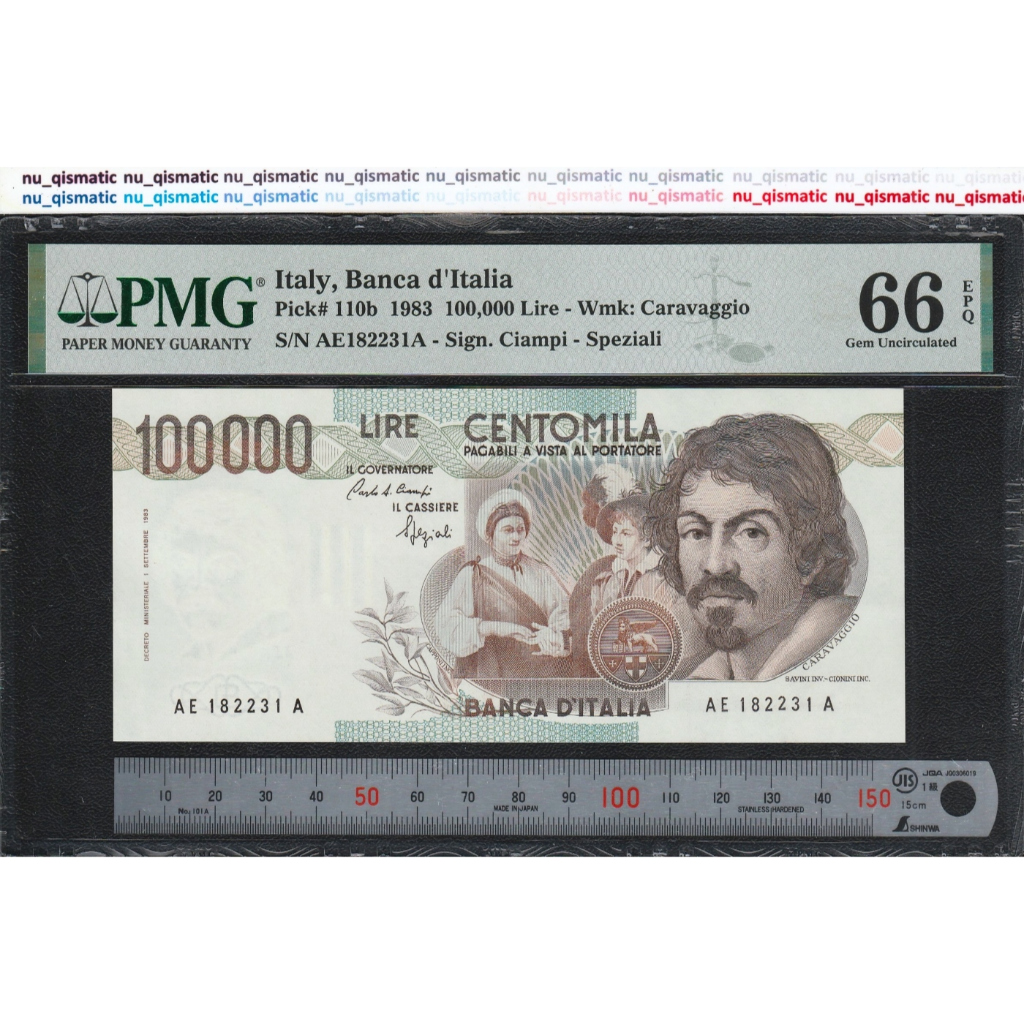 Uang Italy 100000 Italia 100000 Lire , 1983 , PMG 66 EPQ Gem UNC P# 110b