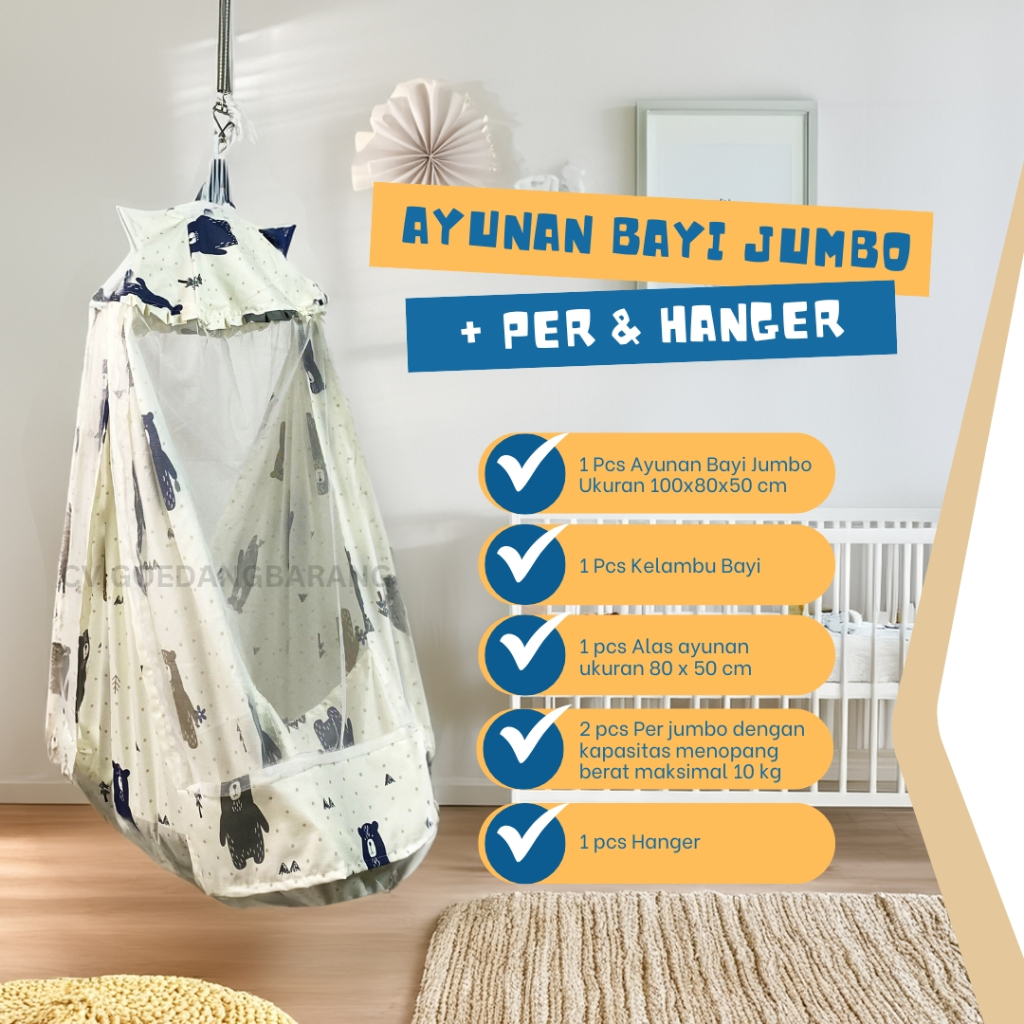 TERLARIS Ayunan bayi jumbo + Per & Hanger Ayunan bayi set kelambu Set ayunan bayi lengkap Ayunan