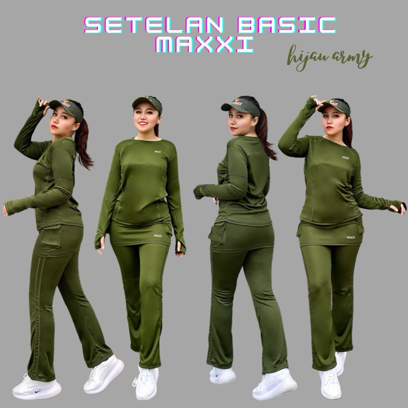 SETELAN olahraga Baju senam Setelan Training gym hijau army