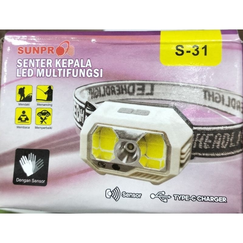 Senter Kepala Cas Headlamp Flashlight Motion Sensor LED COB / Senter Kepala Mini Sunpro S-31 LED