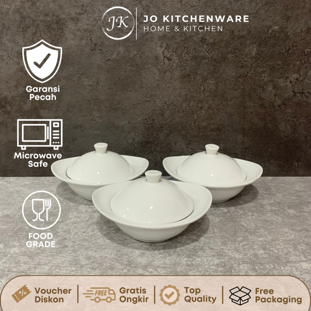 Mangkok oval tutup kecil keramik putih polos diameter 9 cm / mangkok lecil ocal unik hotelware serba