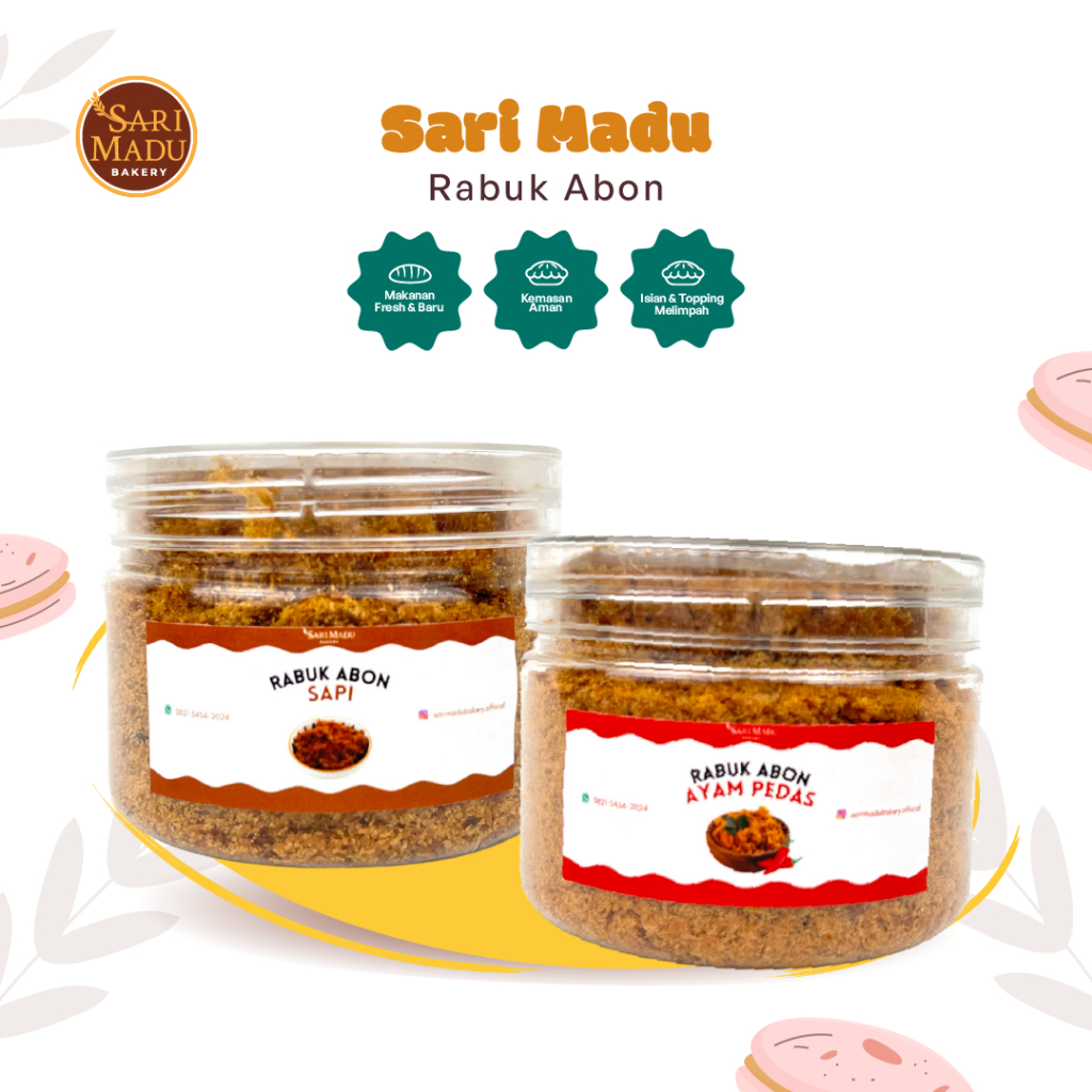 

Rabuk Abon Gurih Sapi Ayam Pedas 6 Bulan Penyimpanan 300 Ml By Sari Madu Bakery