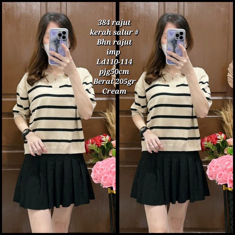 384 Atasan Knit Wanita Korean Style/Blouse/Blus Rajut Kerah Salur