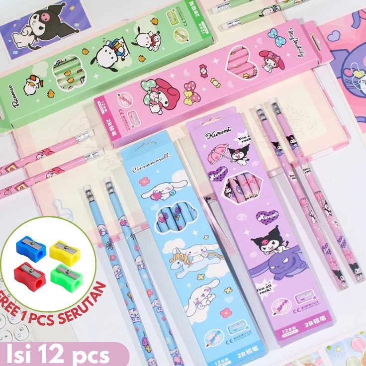 

READY STOCK PENSIL 2B MOTIF KUROMI LUCU PENSIL 1 BOX ISI 12PCS BONUS SERUTAN