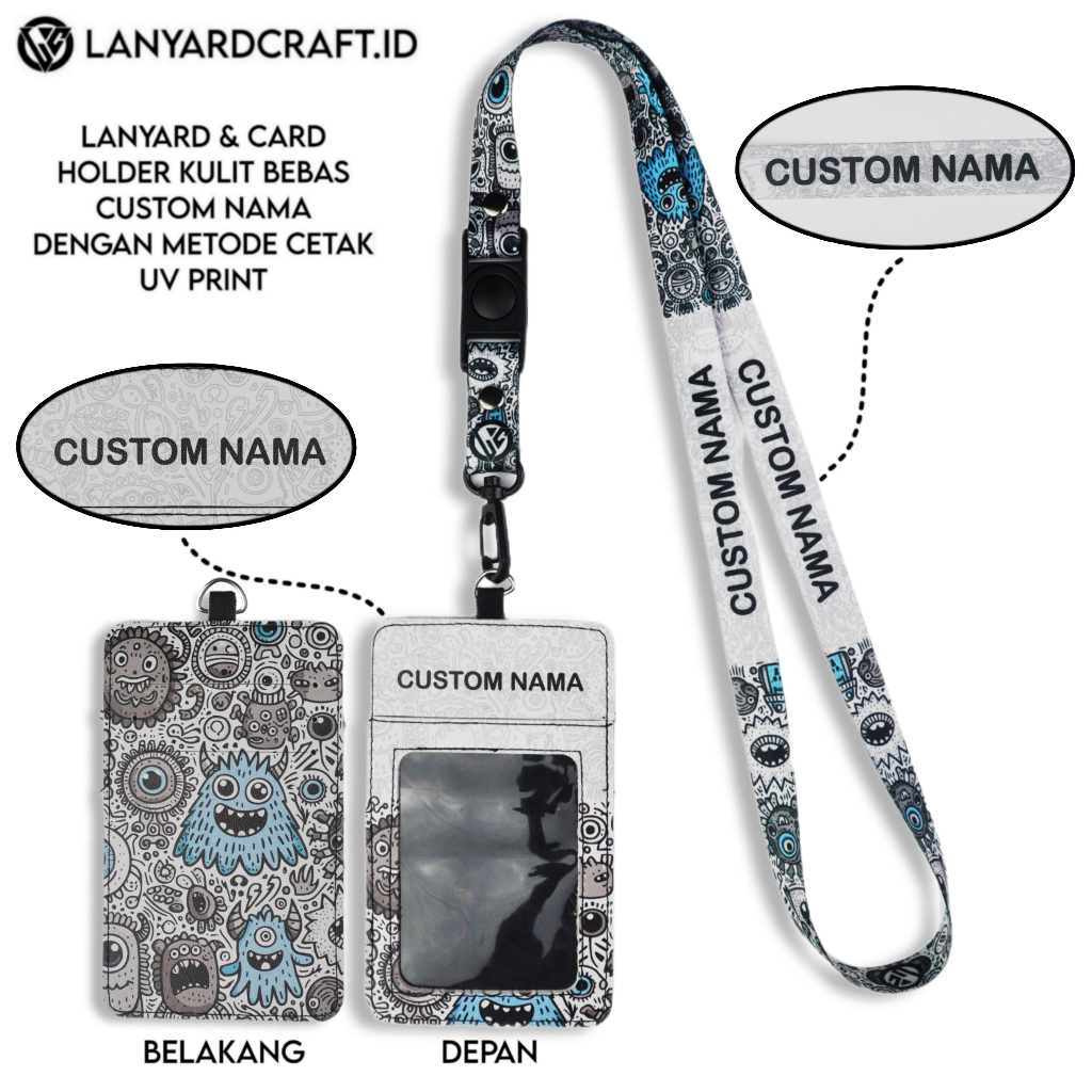 

V2 Id Card Holder Leather Custom + Lanyard Custom Nama Doodle Series Gantungan Tali Lanyard Holder Id Card Kulit UV Print