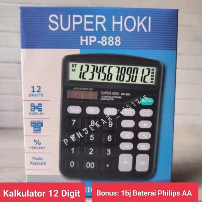 

Kalkulator 12 digit SUPER HOKI-888, Bonus 1bj Baterai Philips AA