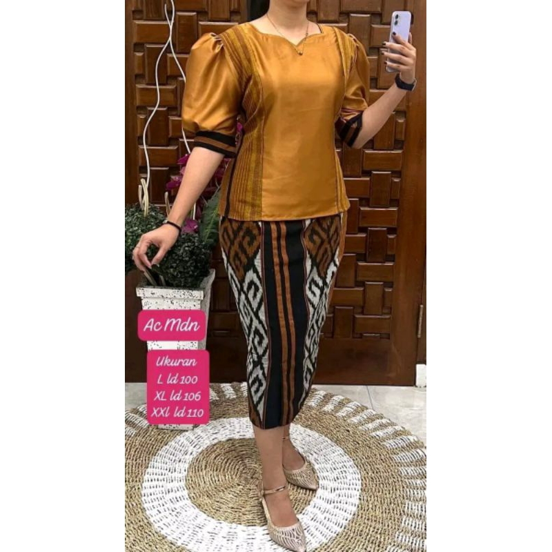 SETELAN TENUN WANITA KOMBINASI SATIN LENGAN BALON TERBARU, BAJU WANITA, BAJU PESTA