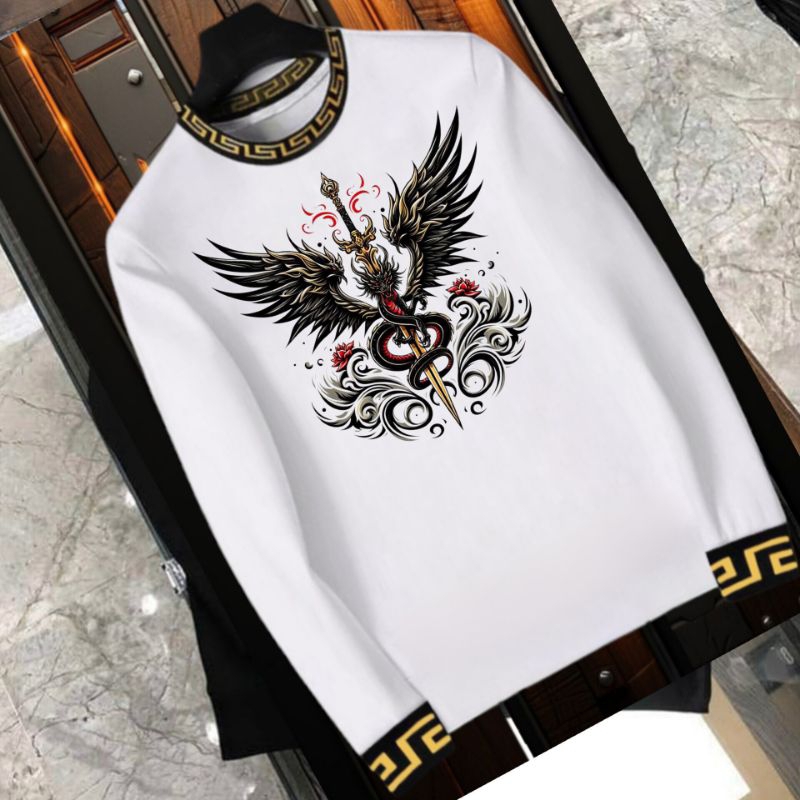 kaos pria manset kuning panjang motif sayap keris