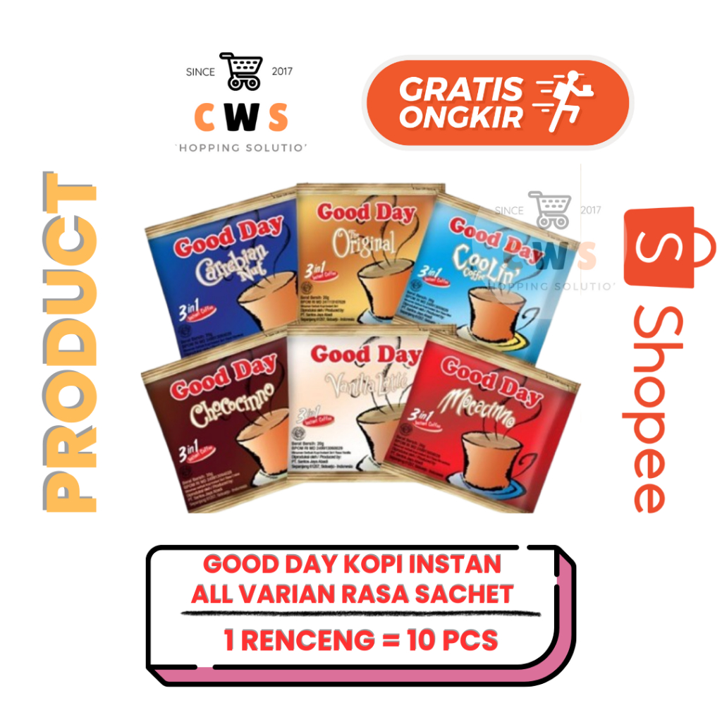 

Kopi GOOD DAY Minuman Instan 3 in 1 Sachet Mocacinno Coolin Vanilla All Varian - 1 Renceng / 10 Pcs