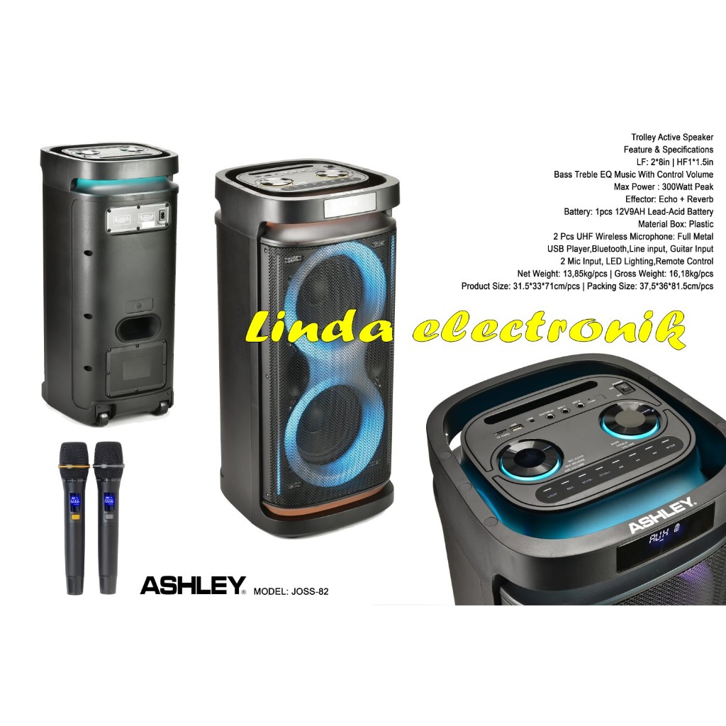 speaker portable wireless rechargeble ashley joss 82 / joss82 double woofer 8 inch x 2 garansi resmi