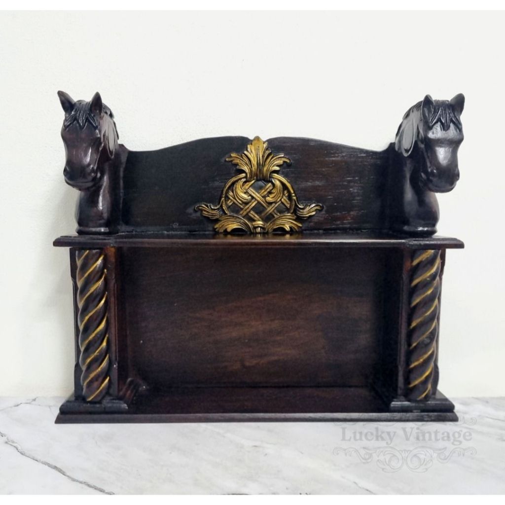 Vintage Pajangan Kapstok Kayu Dua Kuda Ornamen Eropa - Stallion Horse