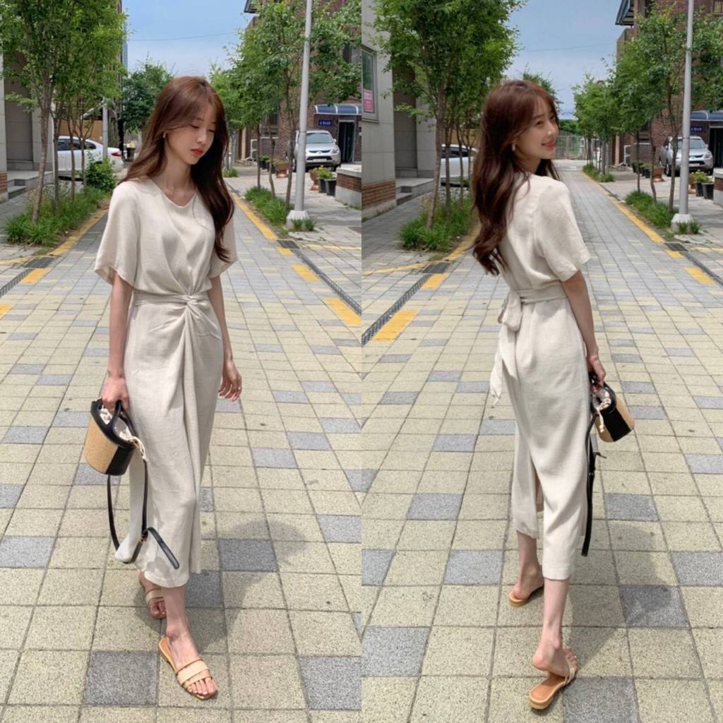 Khloe Linen Knot Front Casual Dress / Dress panjang korean style pita / dress pita panjang murah / d