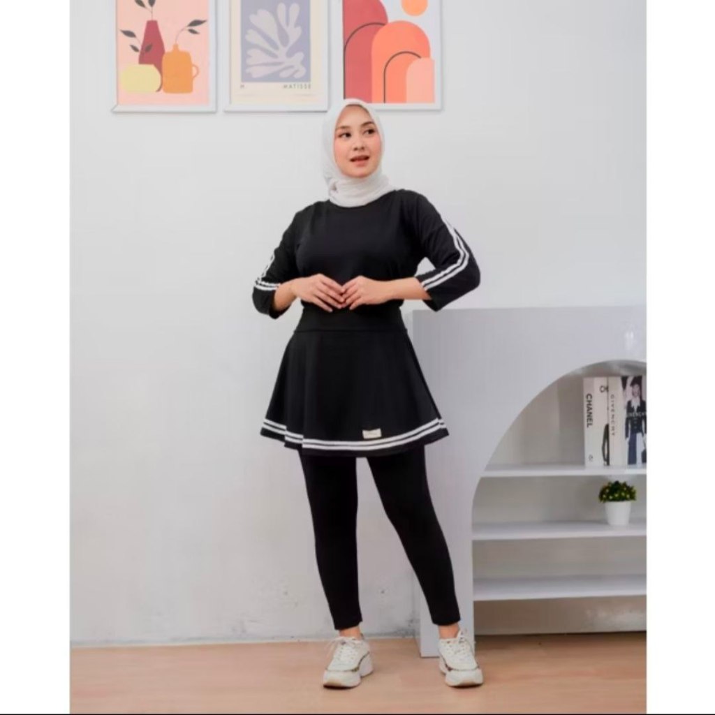 (PETROTEC) Setelan Baju Olahraga Wanita Muslim Terbaru Leging Rok Skirt Perempuan Sport Badminton