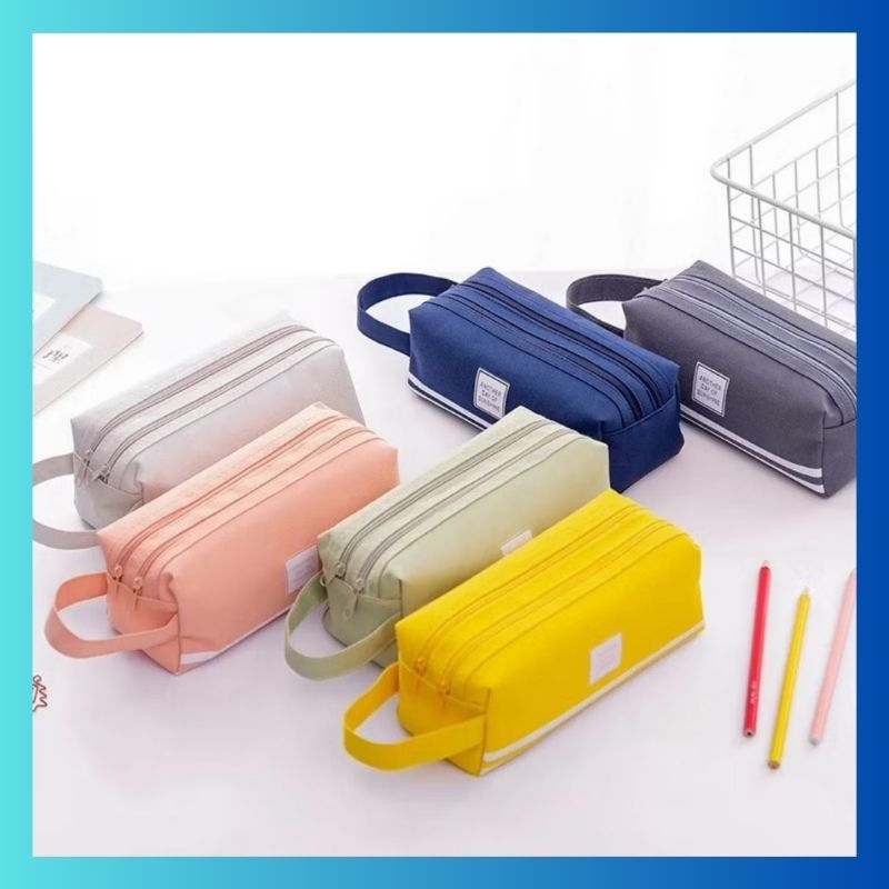 

kotak pensil besar double zipper warna warni dua resleting dual zipper muat banyak