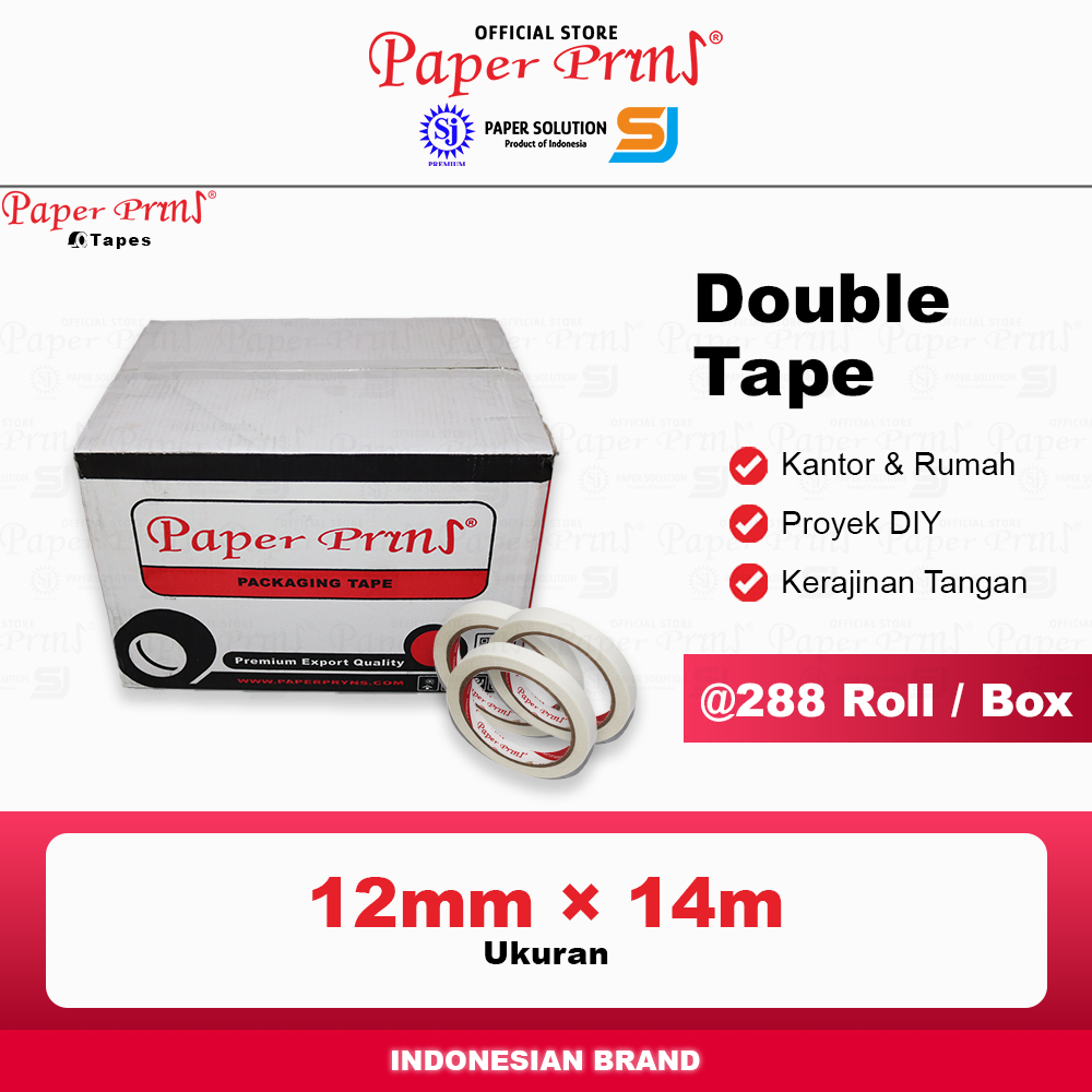 

Double Tape Kertas 1/2 Inch Paperpryns 12mm x 14m (@1 Box isi 288 Roll)