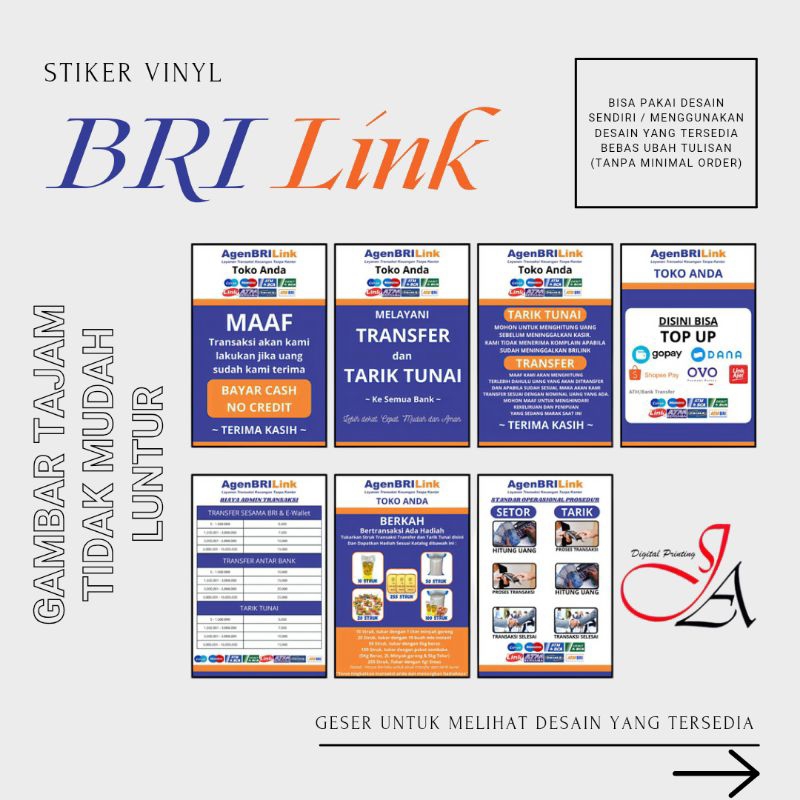 STIKER VINYL ETALASE PENGUMUMAN BRILINK CUSTOM - TOPUP, TarikTunai, SOP, DAFTAR BIAYA ADMIN