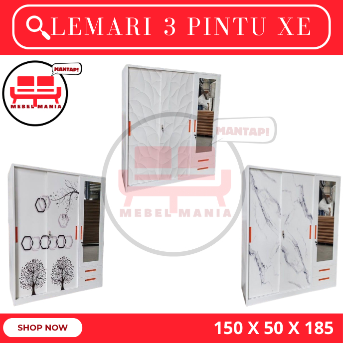 Lemari Baju Besi Sliding - Lemari Baju 3 Pintu 150 cm - Lemari Baju Besi - Lemari sliding Baju Besi