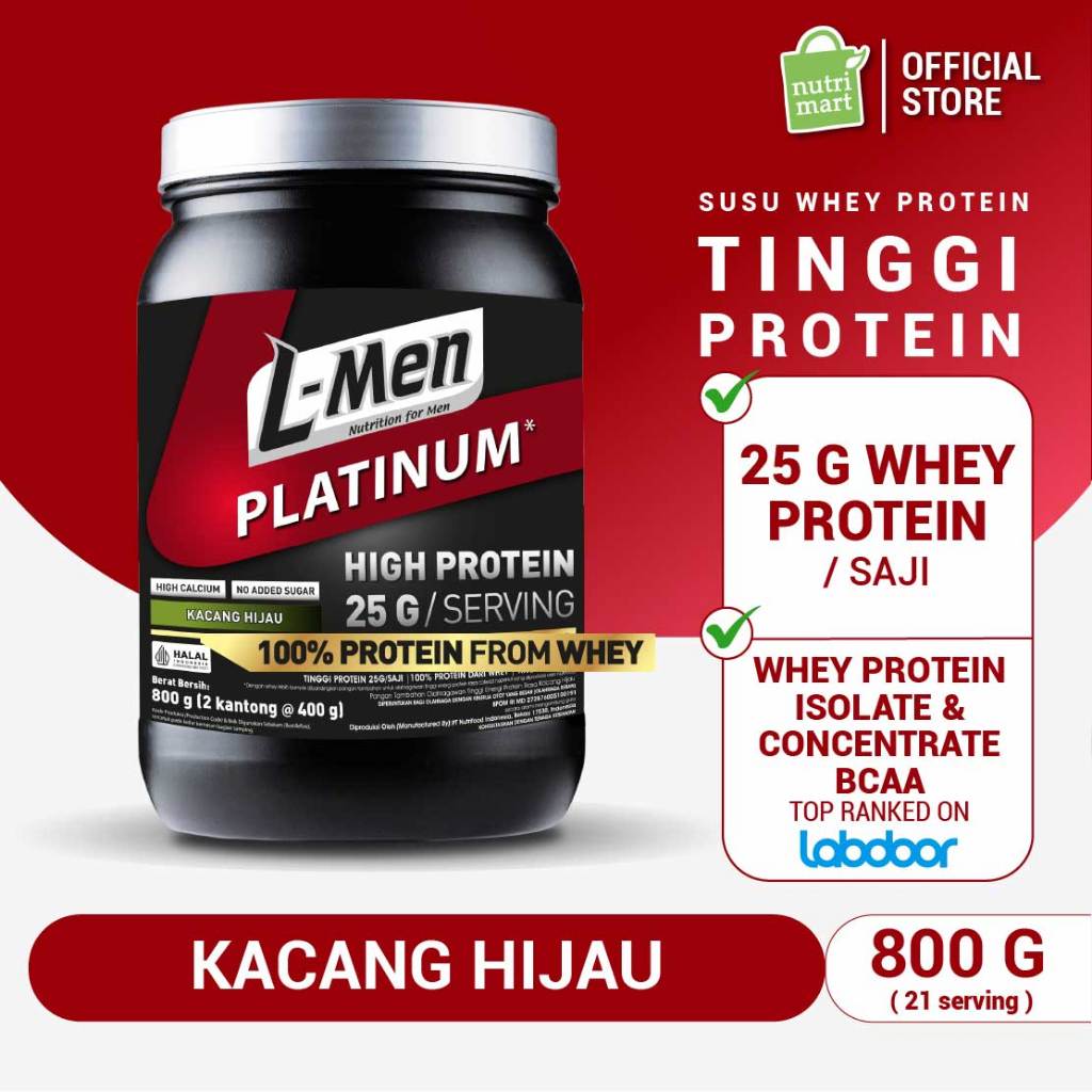 L-Men Platinum Kacang Hijau 800 gram (25 g protein/serving)-1,7lbs - Suplemen Tinggi Whey Protein