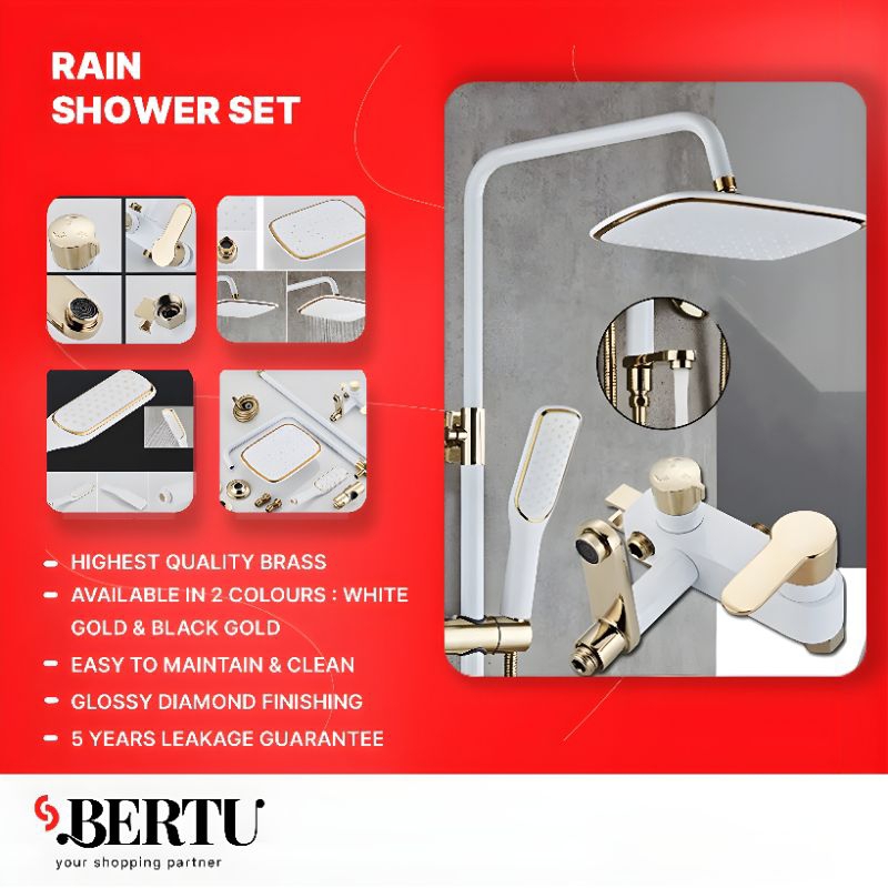 RAIN TIANG SHOWER SET COLUMN PANAS DINGIN MIXER WHITE GOLD PUTIH EMAS BERTU 360