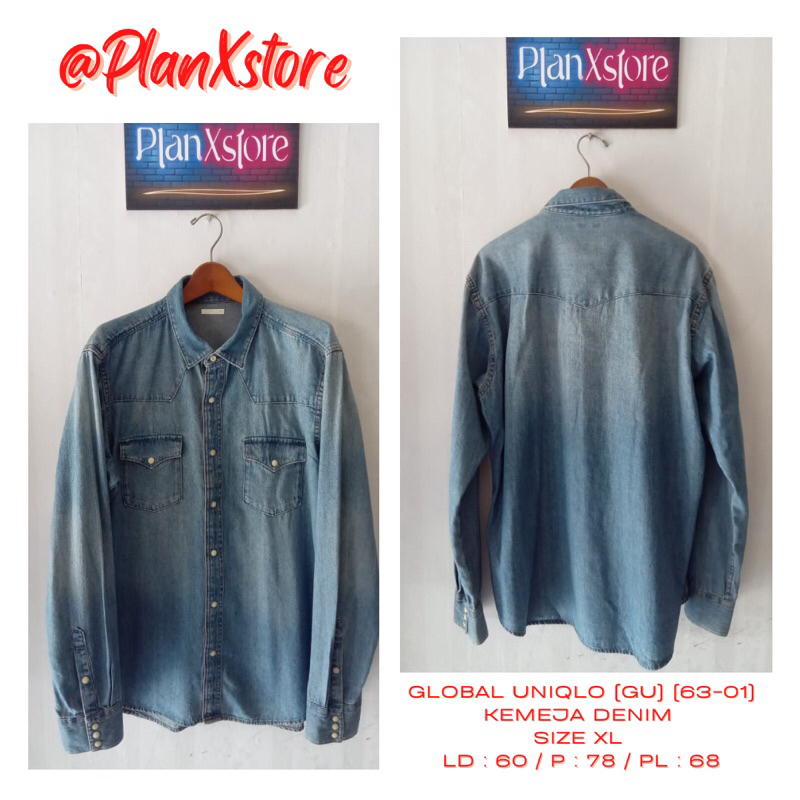 GLOBAL UNIQLO (GU) KEMEJA DENIM (63-01) TEBAL SIZE XL WARNA BIRU DENIM PRELOVED TERJANGKAU