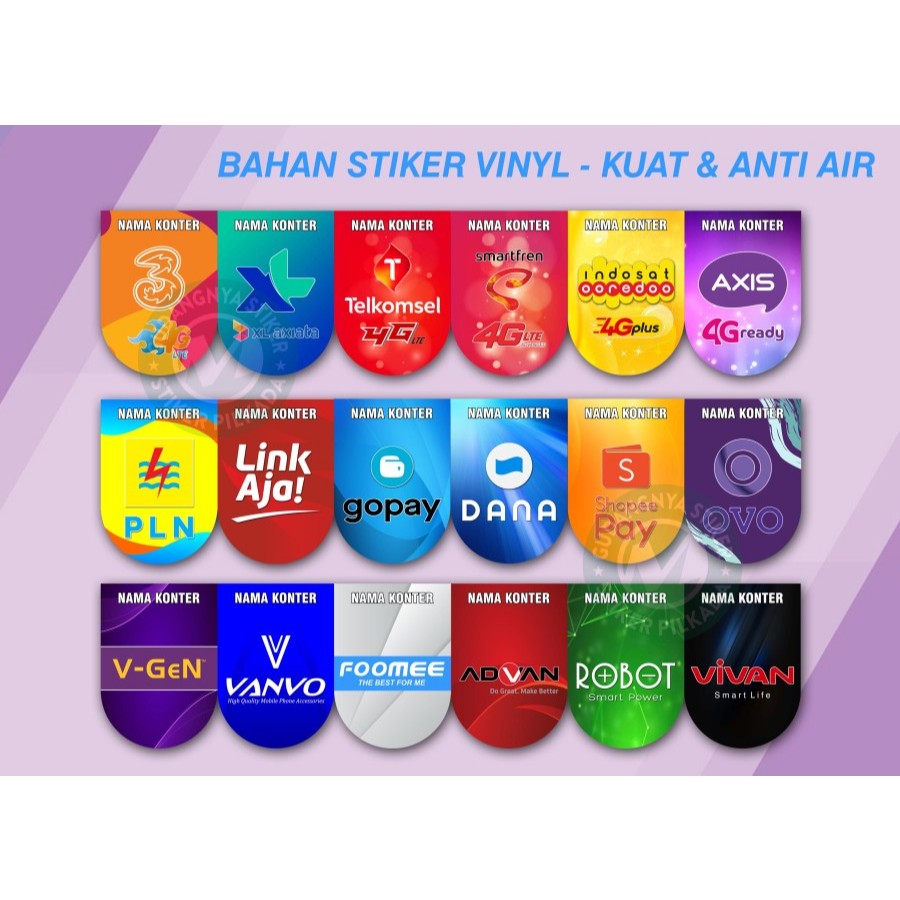 

STIKER VINYL LIST ETALASE RENDA PROVIDER, E-WALLET & MERK HP (DIJUAL SATUAN, CUSTOM NAMA KONTER)