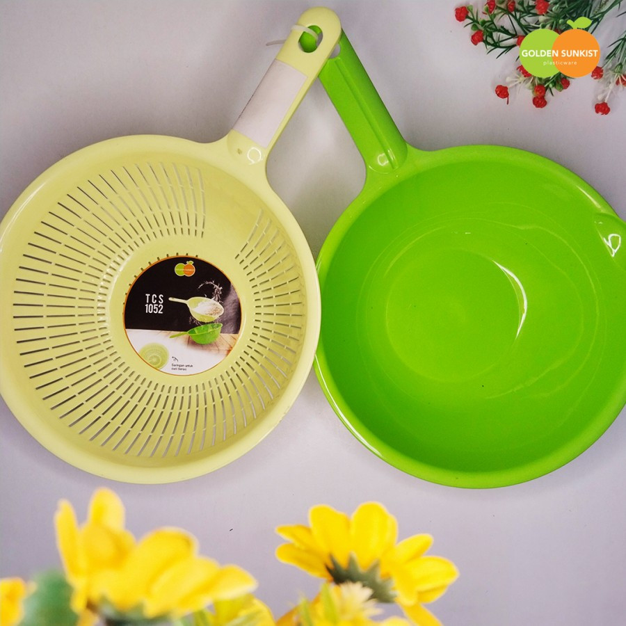 Baskom Saringan Cuci Sayur Plastik Gagang Hijau Golden Sunkist TCS-1052
