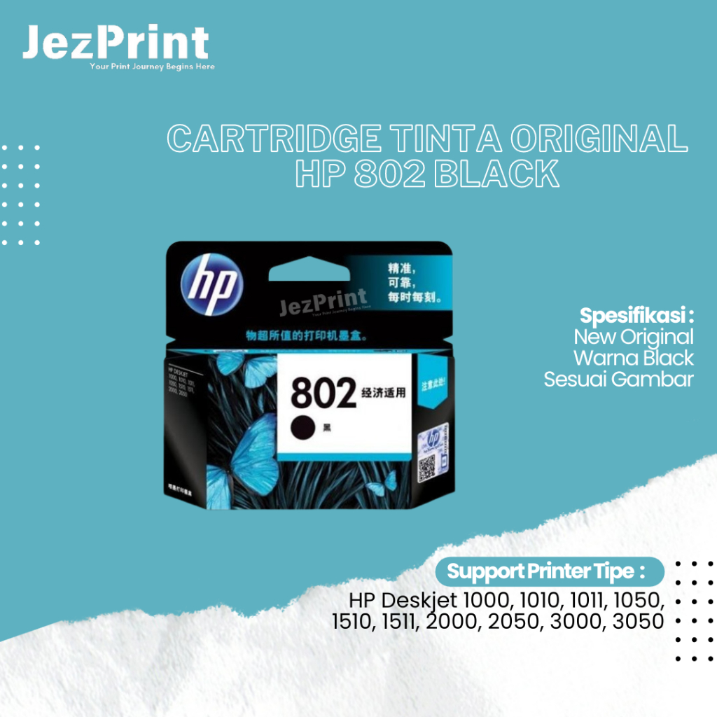 Cartridge Tinta Original HP 802 Black CH563ZZ, Tinta Printer HP Deskjet 1000 1010 1011 1050 1510