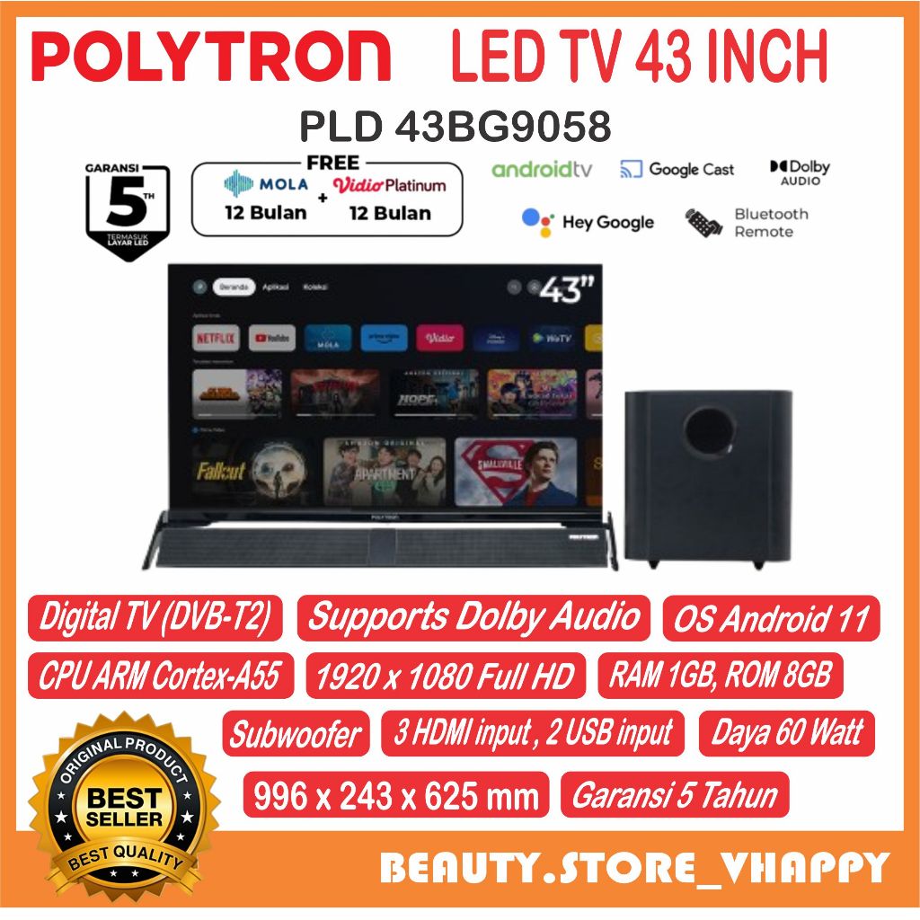 TV LED Polytron Smart Google Cinemax Soundbar TV 43" PLD 43BG9058