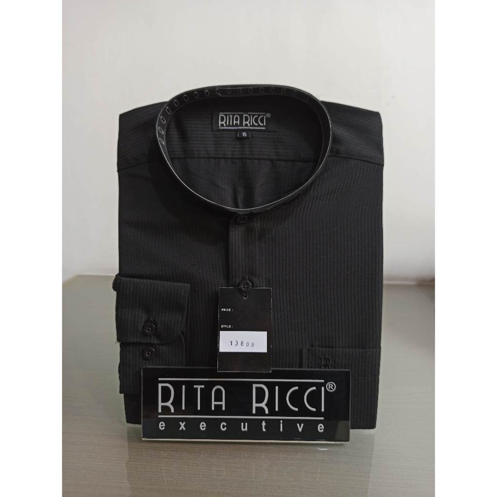 Kemeja Pria Rita Ricci Reguler Kerah Koko Motif Dolby garis warna hitam lengan panjang dan pendek ar