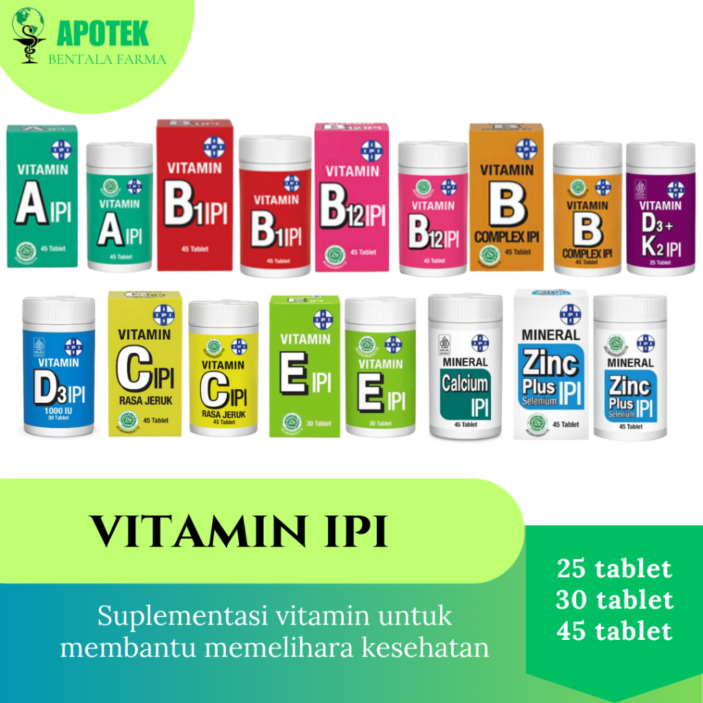 Vitamin IPI A | B1 | B12 | C | D3+K2 | D3 | E | Calcium Mineral Zinc Magnesium Suplemen Makanan Mult